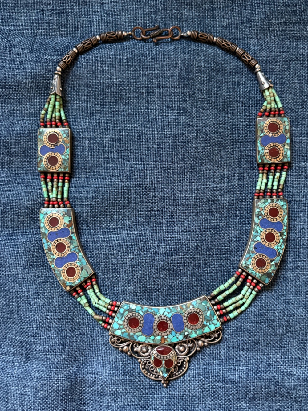 Tibetan Nepalese Style Boho Turquoise Coral Mosaic Necklace